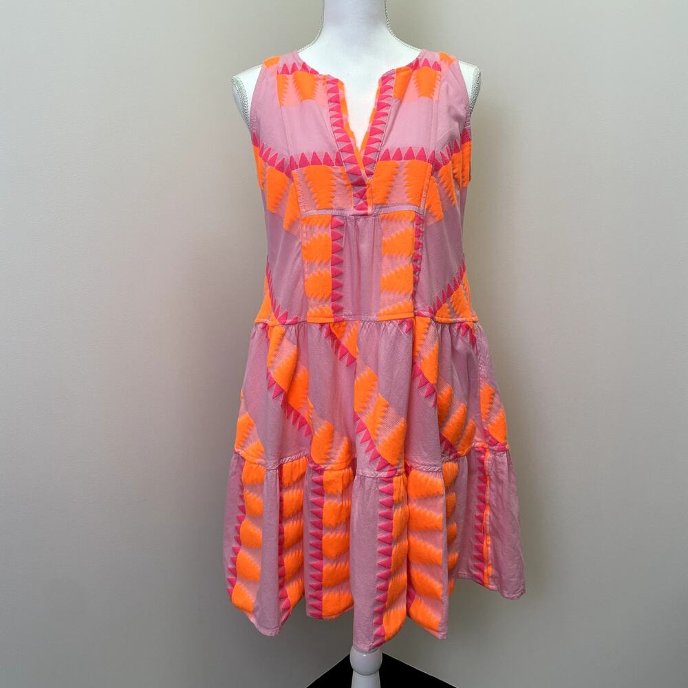 NEMA Resort Wear  Embroidered Tiered Short Dress Neon Print Sleeveless S